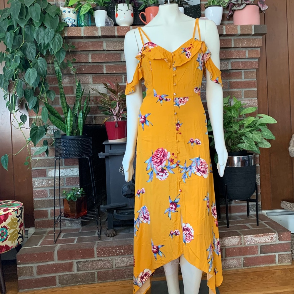 Yellow Button down strappy ruffle maxi